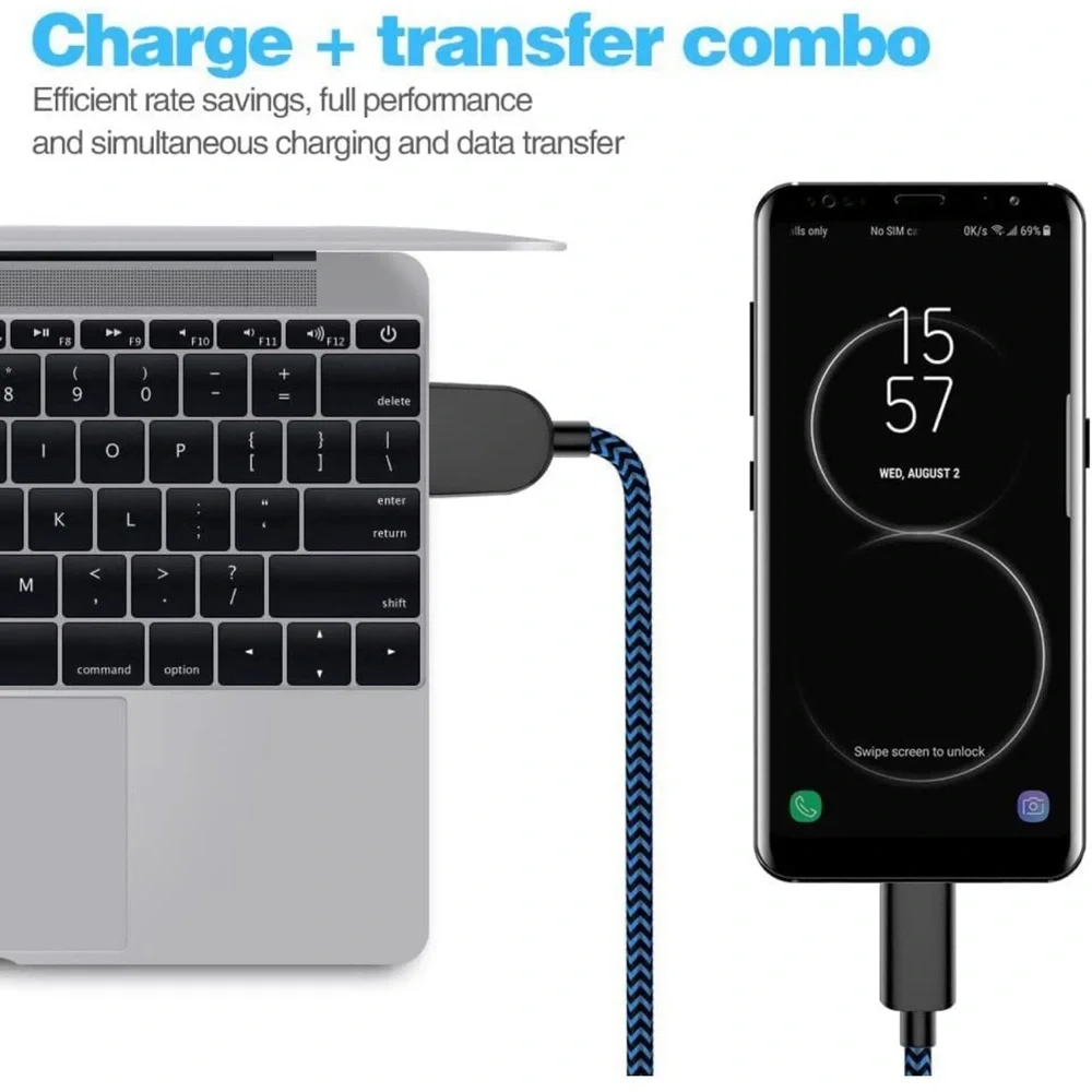 5 Pack (3/3/6/6/10FT) Fast Charging 3A USB-C to USB-A Cable Rapid Charger (Blue)